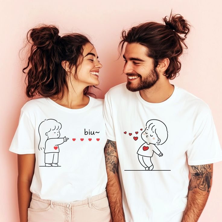 Couple Matching T-Shirts _ Valentine Cartoon Design _ Biu Heart Boy & Girl Set _ Anniversary Gift
