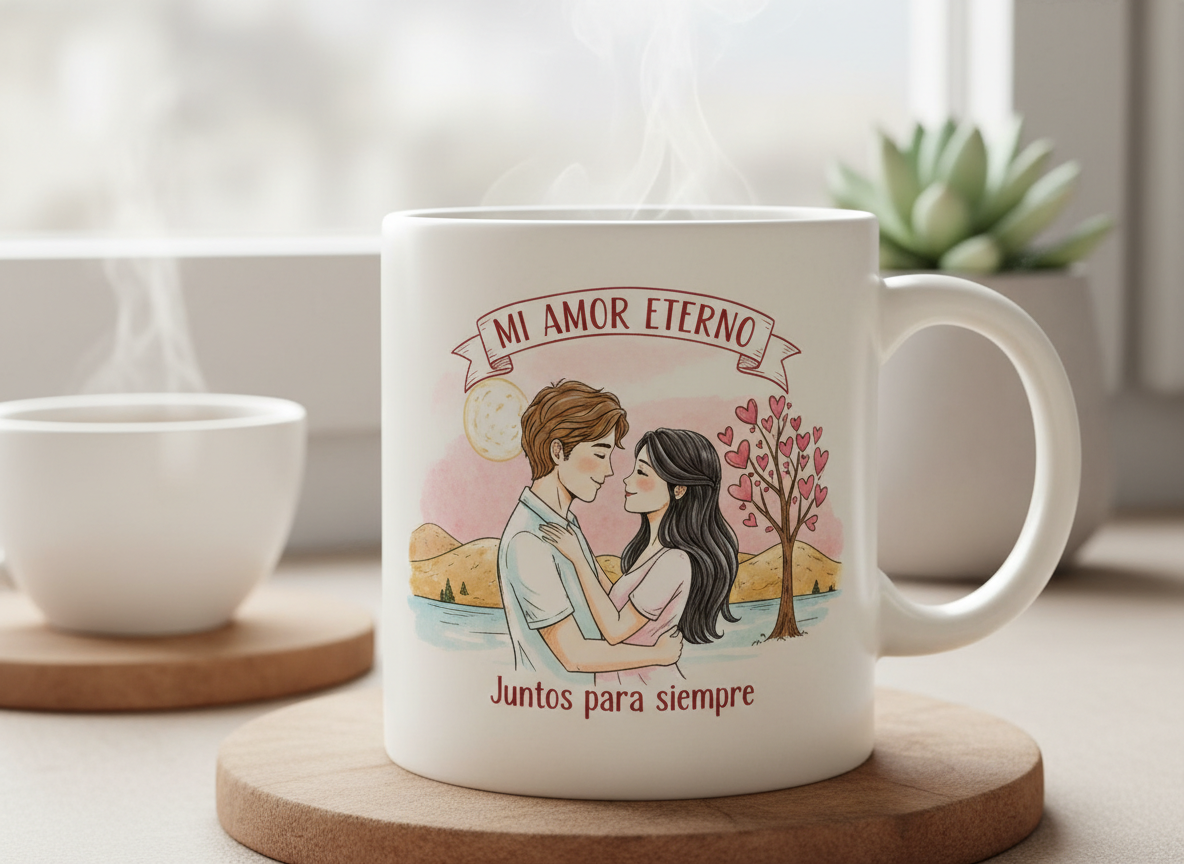 Firefly_Genera la imagen de un mug con una ilustración romántica de una pareja enamorada con 951928