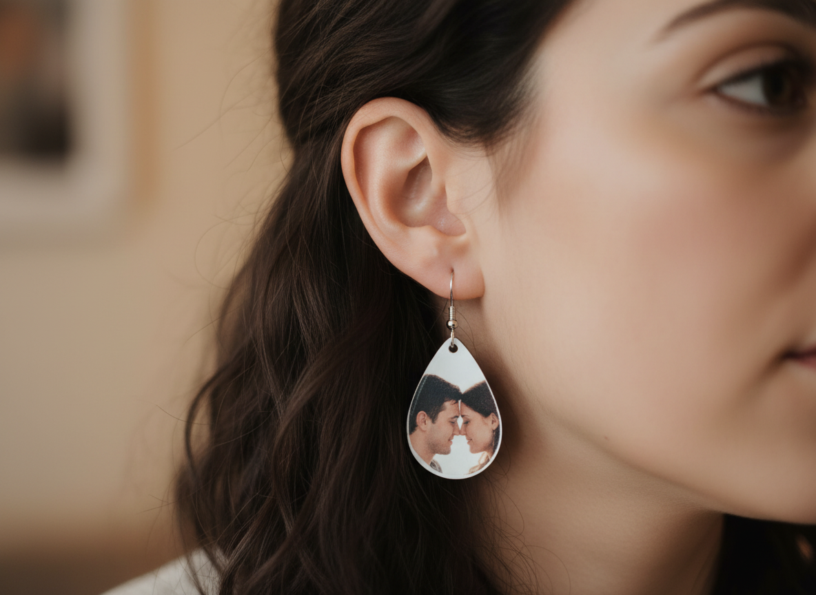 Firefly_Genera una imagen que muestre los pendientes sublimados con la imagen de una pareja m 951928